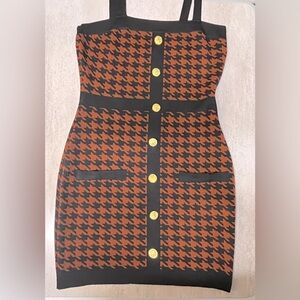 Houndstooth Print Black and Brown Dress and Gold buttons